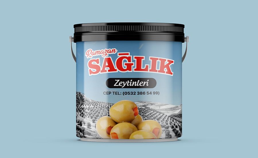 Sağlık Zeytinleri — Olive bucket label